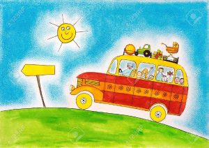 18459578-Viaggio-in-autobus-scuola-disegno-bambino-s-pittura-ad-acquarello-su-carta-Archivio-Fotografico